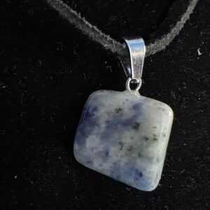 Unisex Lapis Lazuli Stone Necklace Black Leather Cord Silver Tone Clasp Boho